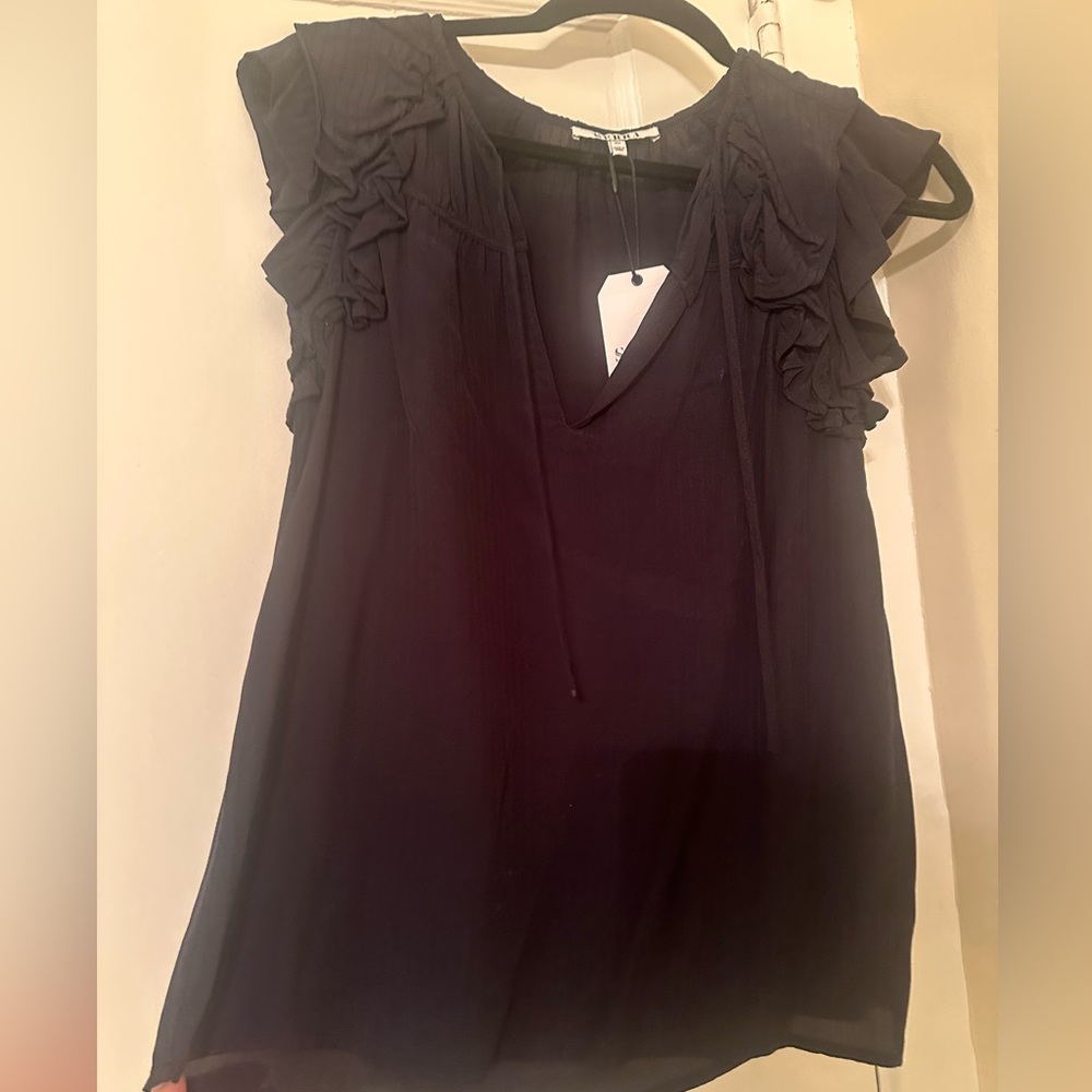 Serra Navy Ruffle Sleeve Blouse